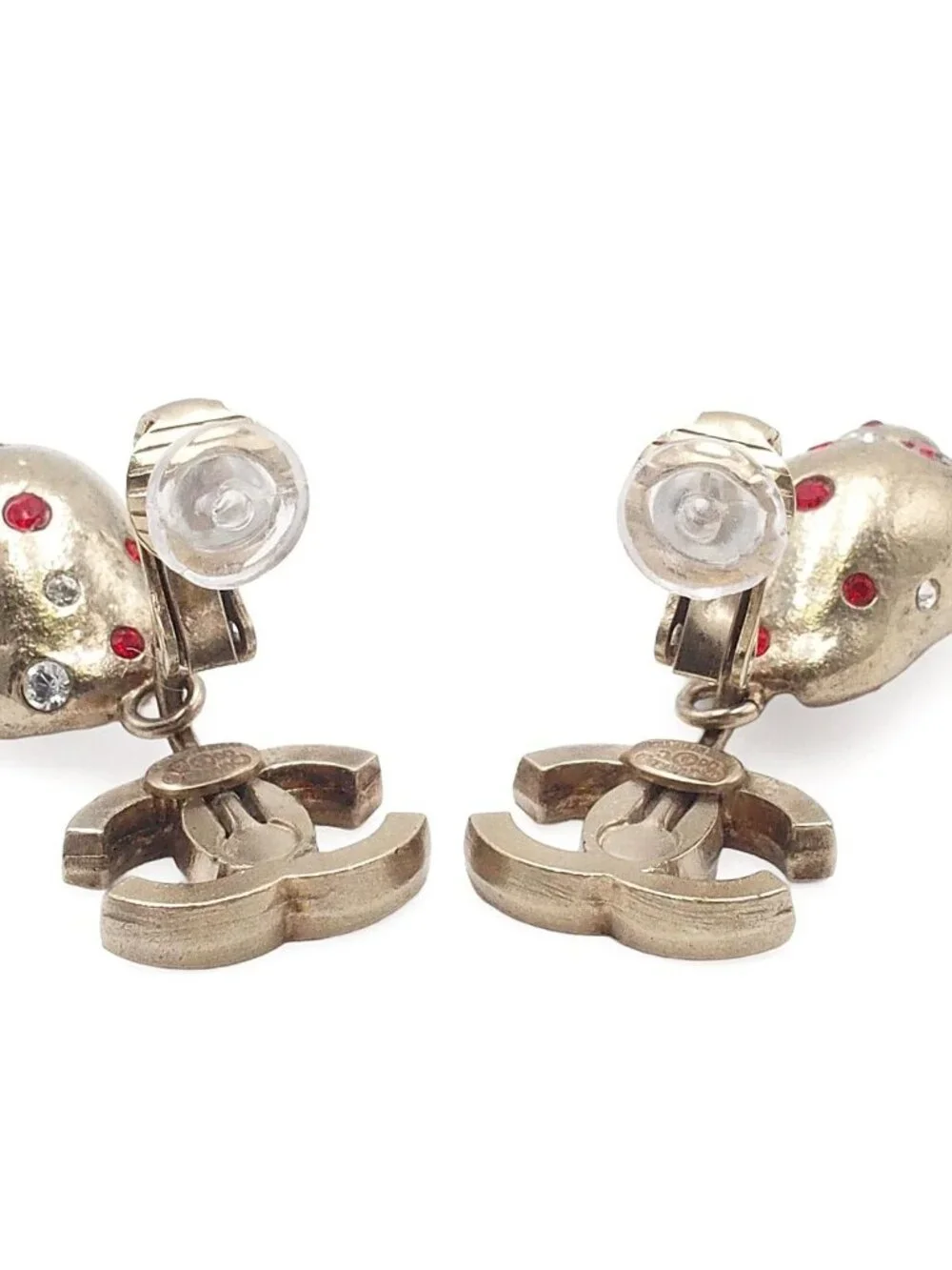 Chanel Earrings Light Gold Metal CC Logo Rhinestone Seashell Costume 05c